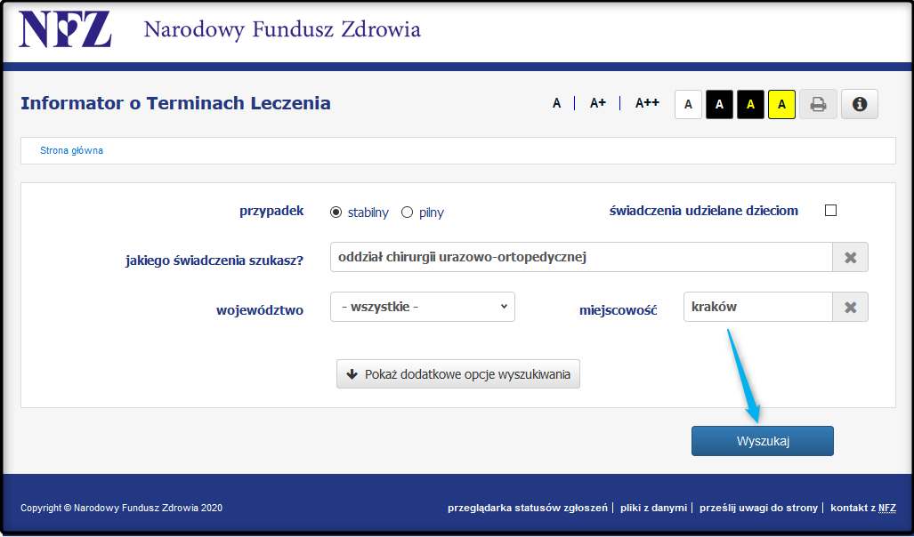 Zrzut ekranu formularza wyszukiwarki pierwszego wolnego terminu leczenia wskazujący na przycisk 'Wyszukaj' znajdujący się pod formularzem.