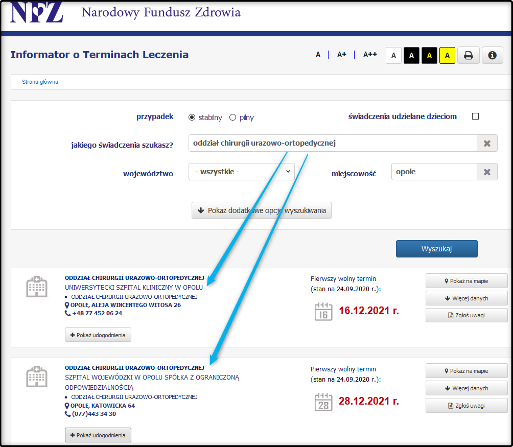 Zrzut ekranu formularza wyszukiwarki pierwszego wolnego terminu leczenia pokazujący przykładowe wyniki wyszukania.